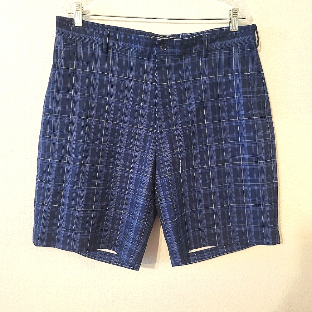 Pebble Beach mens performance golf shorts size 36 navy blue plaid 9.5" inseam